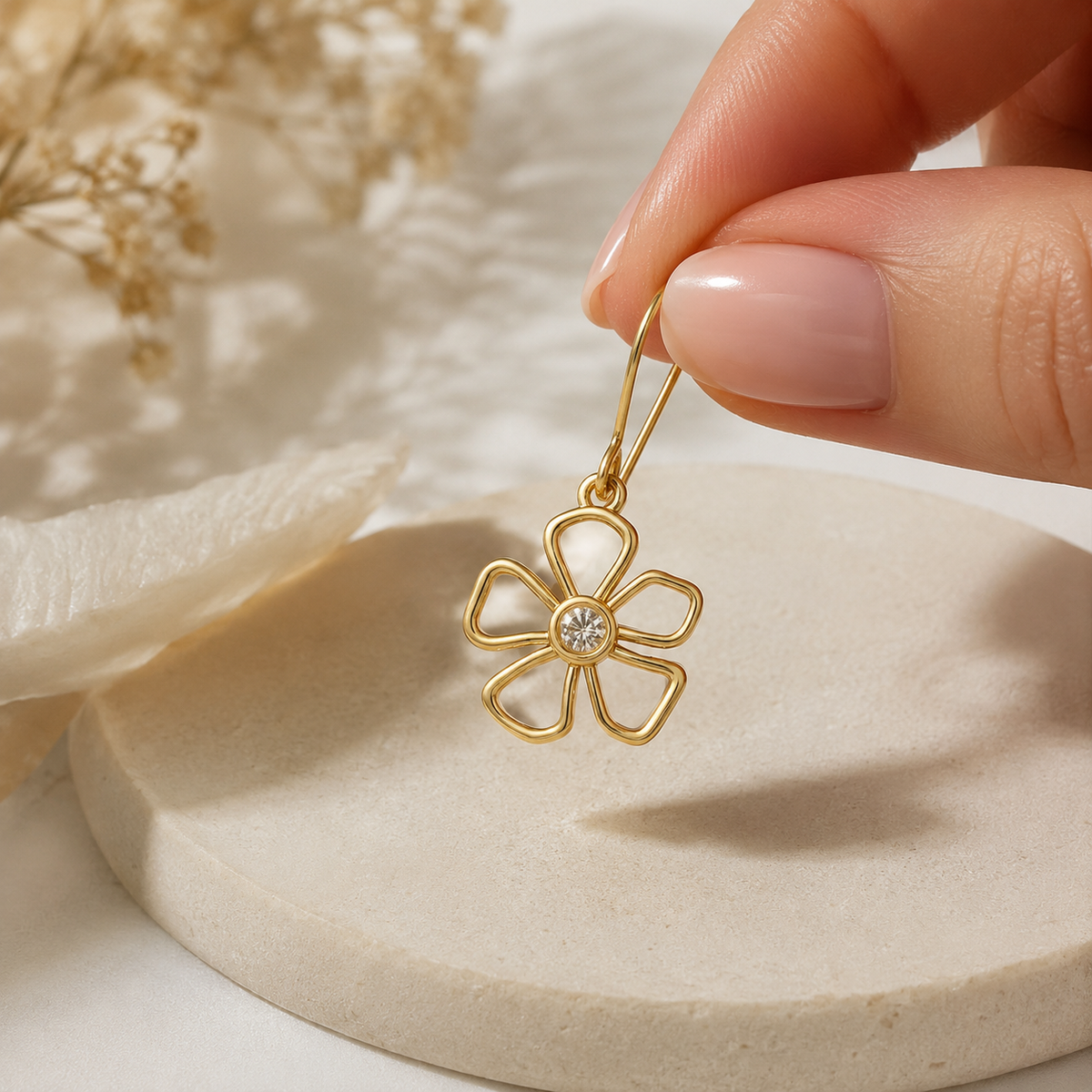 Gold Flower Charm Dangle Earrings Gold Plated 24K