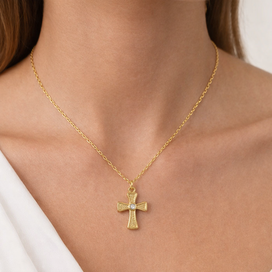 Woman Cross 1 Zircon thin design Necklace Gold Plated 24K
