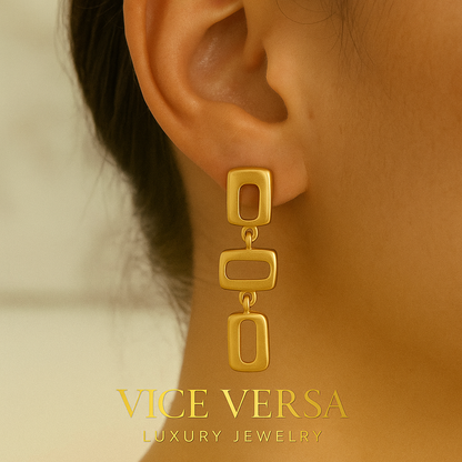 Triple Open Square Link Drop Earrings Gold Plated 24K