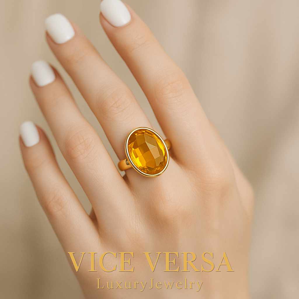 Yellow Zircon Cocktail Ring Gold Plated 24K