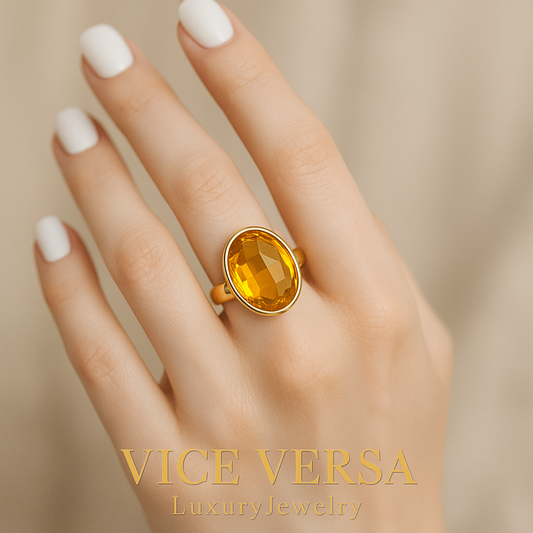 Yellow Zircon Cocktail Ring Gold Plated 24K