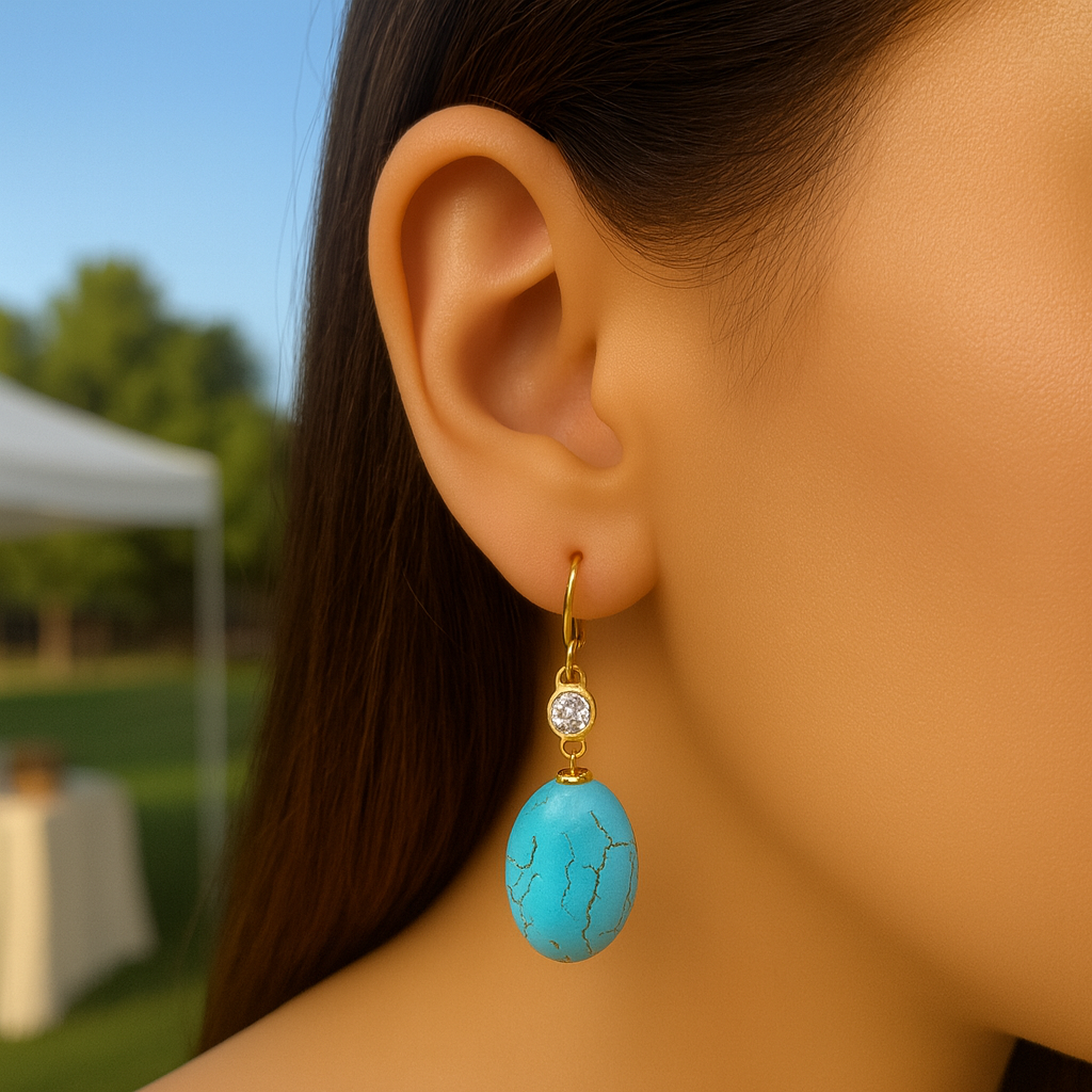 Blue Stone Drop Earrings Gold Plated 24K