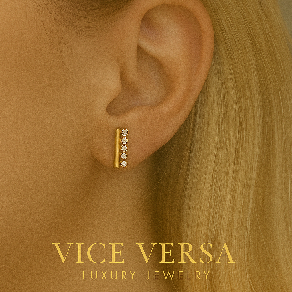 Five-Stone Vertical Bar Zircon Stud Earrings Gold Plated 24K