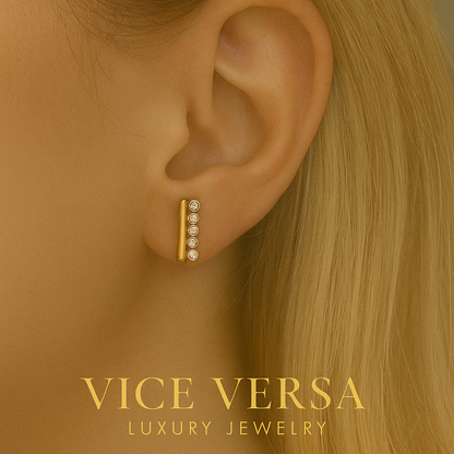 Five-Stone Vertical Bar Zircon Stud Earrings Gold Plated 24K