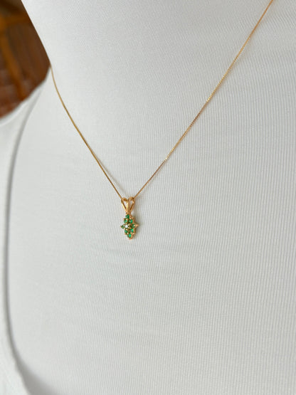 Cluster Colombian Emerald & Diamond Pendant Necklace Solid Gold 18K Italian