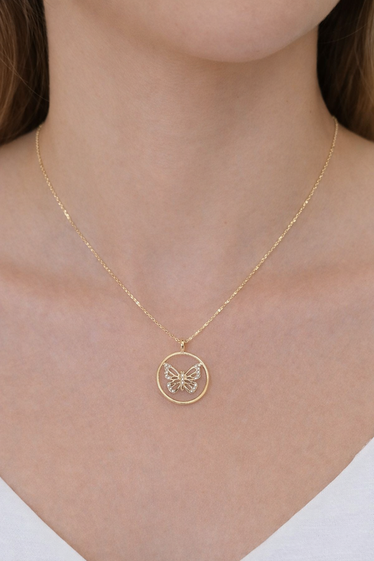 Butterfly in Circle Pendant Necklace Gold Plated 24K