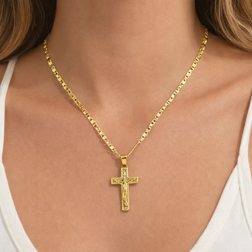 Zircon Crucifix Valentino Chain 20'' Necklace Real Gold Filled 18K