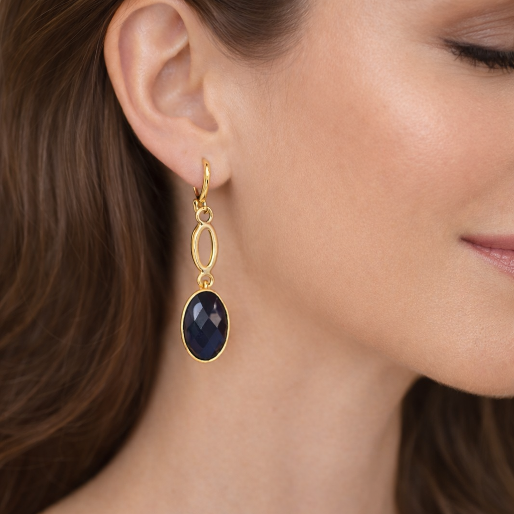 Dark Blue Stone Dangle Earrings Real Gold Plated 24K