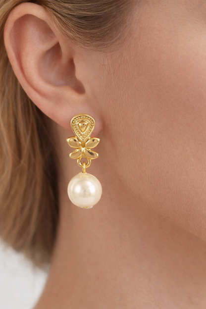 Pearl Flowers Drop Earrings Gold Plated 24K