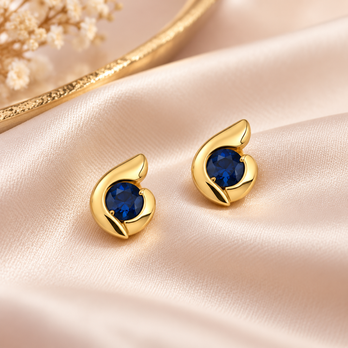 Blue Zircon Teardrop Stud Earrings Gold Plated 24K