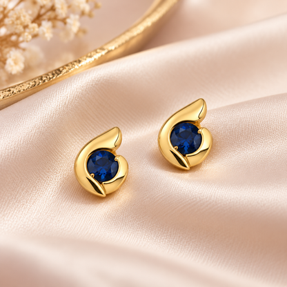 Blue Zircon Teardrop Stud Earrings Gold Plated 24K