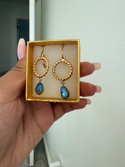 Blue Circle Dangle Earrings Gold plated  24K
