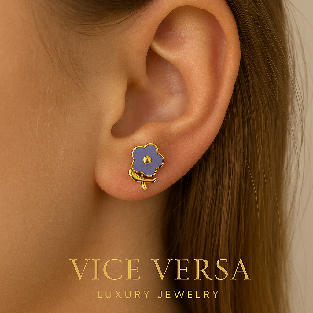 Purple Flower Stud Earrings Gold Plated 24K