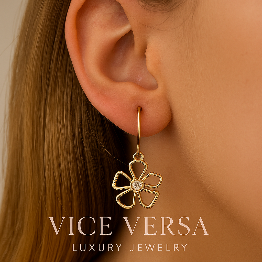Gold Flower Charm Dangle Earrings Gold Plated 24K