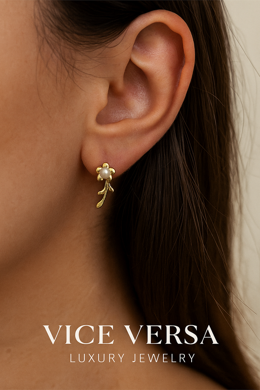 Pearl Flower & Leaf Drop Stud Earrings Gold Plated 24K