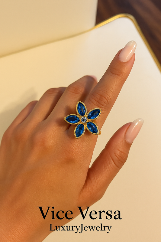 Blue Sapphire Zircon Flower Ring Gold Plated