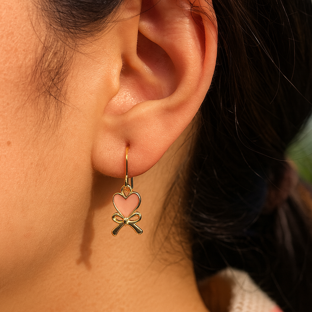 Pink Heart & Bow Dangle Earrings Gold Plated 24K