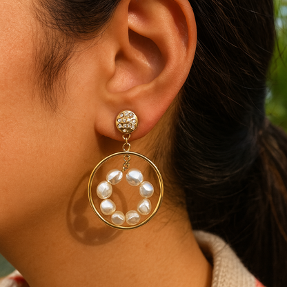 Baroque Pearl Circle Hoop Earrings Gold Plated 24K