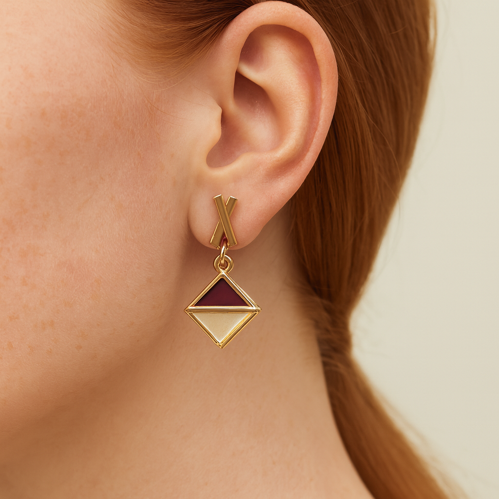 Purple & Ivory Diamond Drop Earrings Gold Plated 24K