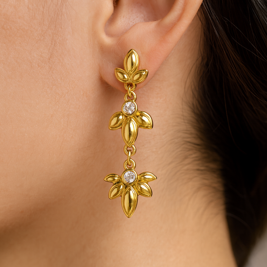 Triple Flower Dangle Earrings Gold Plated 24K