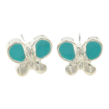 Pendientes de botón plateados con forma de mariposa azul