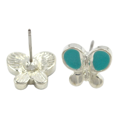 Pendientes de botón plateados con forma de mariposa azul