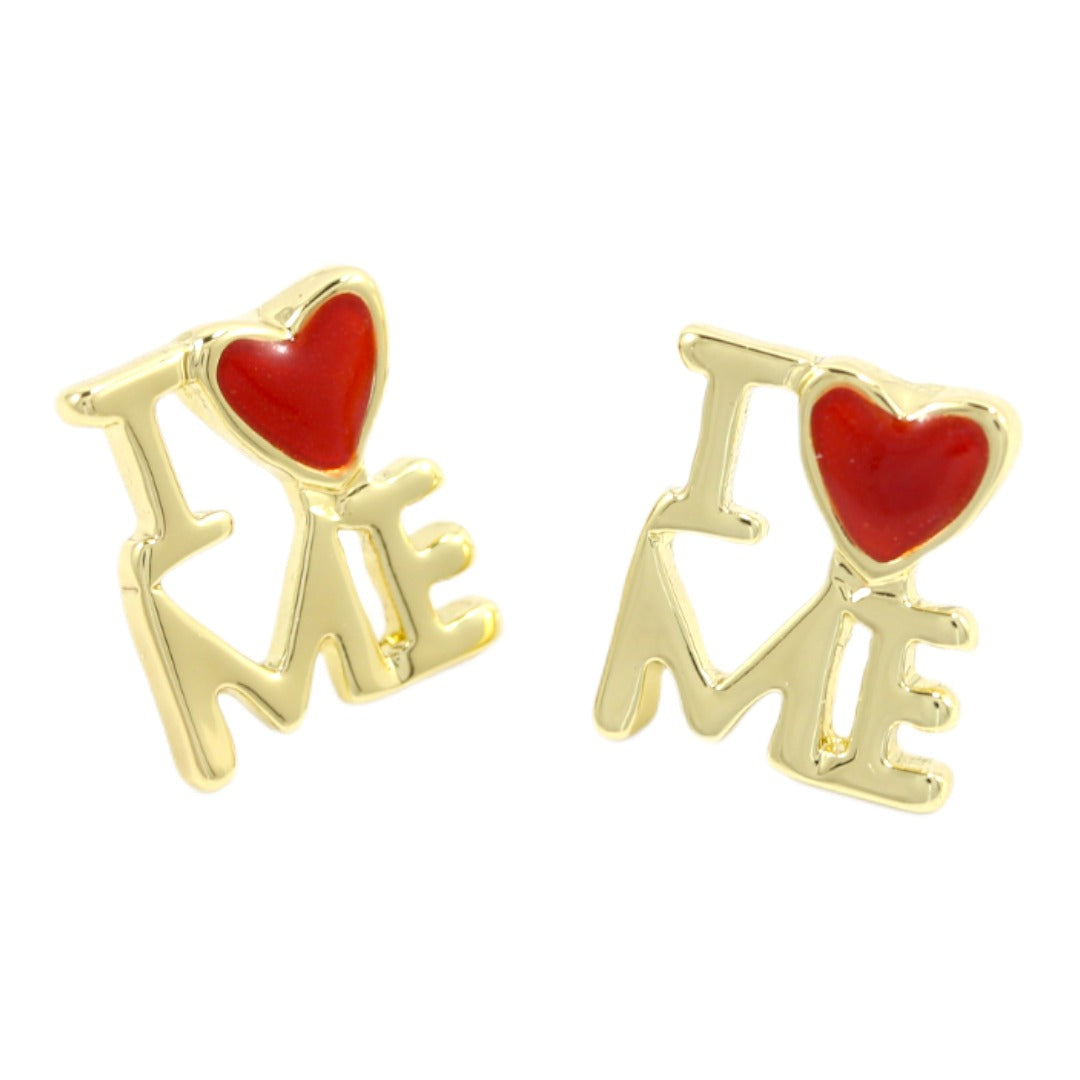 I Love Me - Pendientes chapados en oro auténtico con forma de corazón rojo