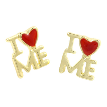 I Love Me - Pendientes chapados en oro auténtico con forma de corazón rojo