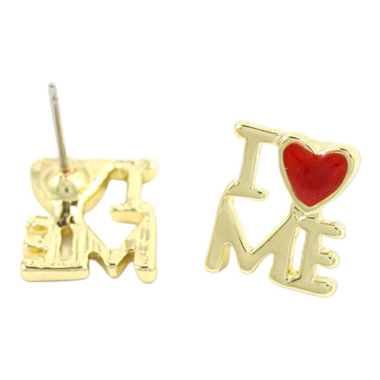I Love Me - Pendientes chapados en oro auténtico con forma de corazón rojo