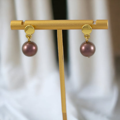 Brown Pearl Drop Earrings Gold Plated 24k