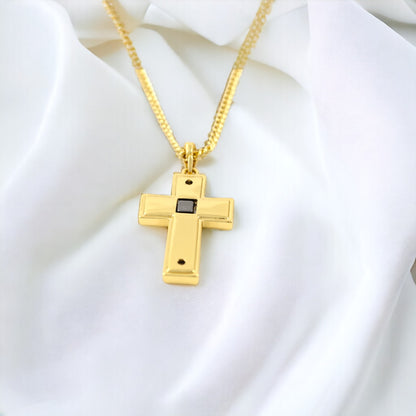 Collar de diseño fino de cruz de hombre de doble cara en oro y negro bañado en oro de 24 quilates