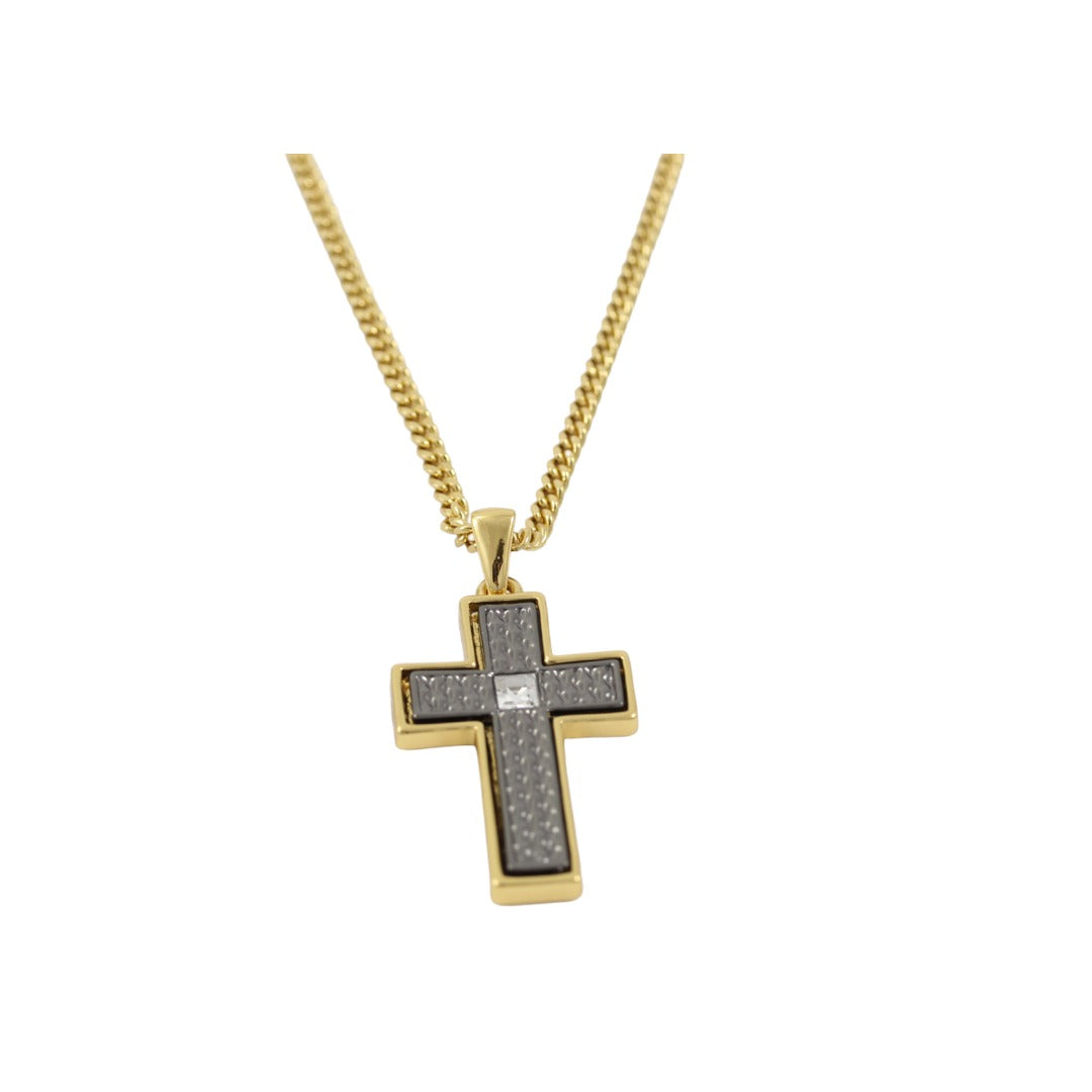Collar de diseño fino de cruz de hombre de doble cara en oro y negro bañado en oro de 24 quilates