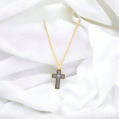 Collar de diseño fino de cruz de hombre de doble cara en oro y negro bañado en oro de 24 quilates