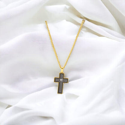Collar de diseño fino de cruz de hombre de doble cara en oro y negro bañado en oro de 24 quilates