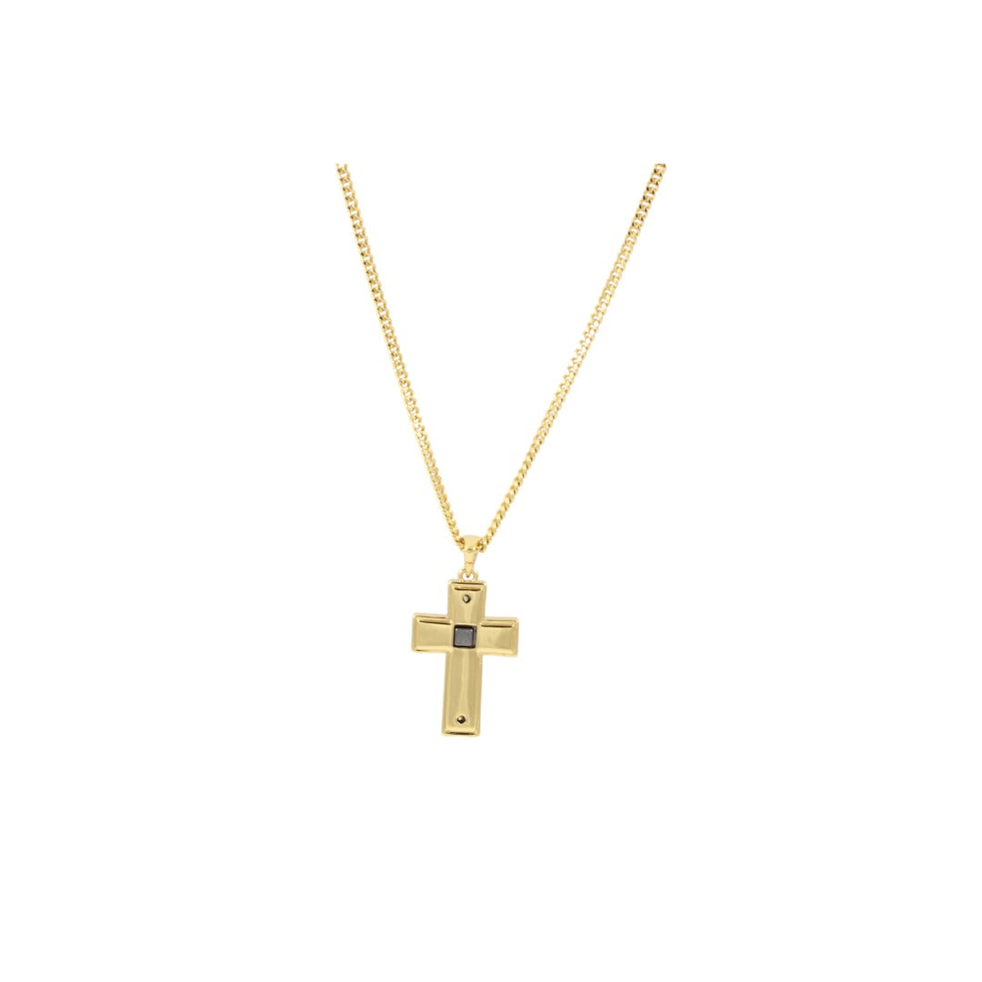 Collar de diseño fino de cruz de hombre de doble cara en oro y negro bañado en oro de 24 quilates