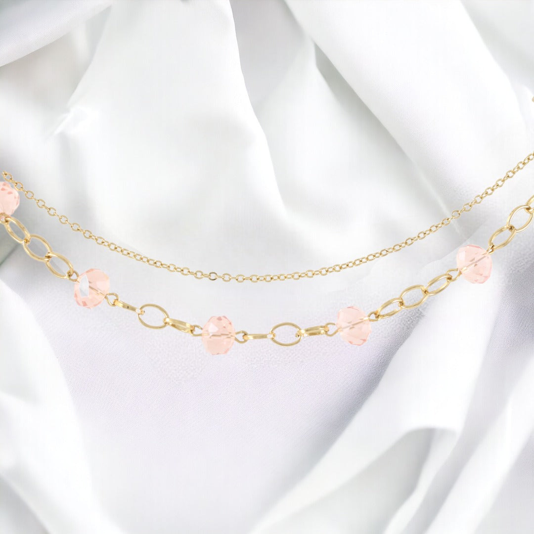 Elegante pulsera de mujer con dos piedras rosas bañada en oro auténtico de 24 quilates, hecha a mano