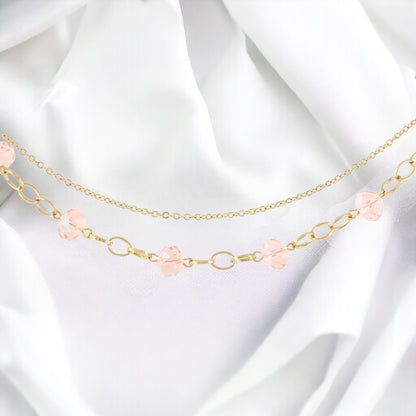 Elegante pulsera de mujer con dos piedras rosas bañada en oro auténtico de 24 quilates, hecha a mano