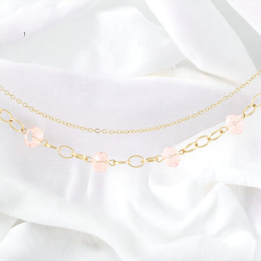 Elegante pulsera de mujer con dos piedras rosas bañada en oro auténtico de 24 quilates, hecha a mano