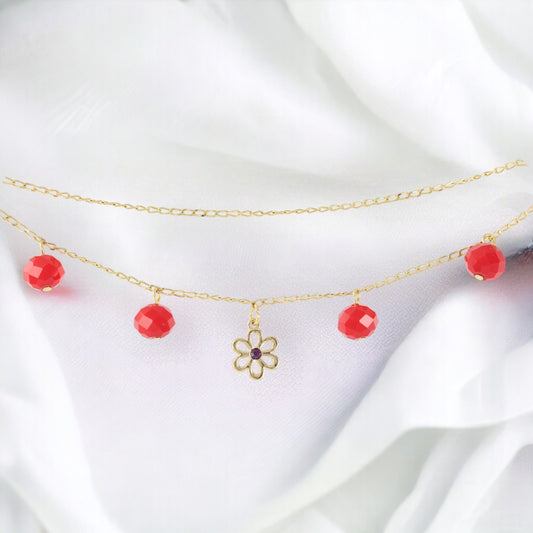 Pulsera de Piedra Roja Chapada en Oro Real de 24K Hecha a Mano