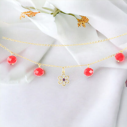 Pulsera de Piedra Roja Chapada en Oro Real de 24K Hecha a Mano