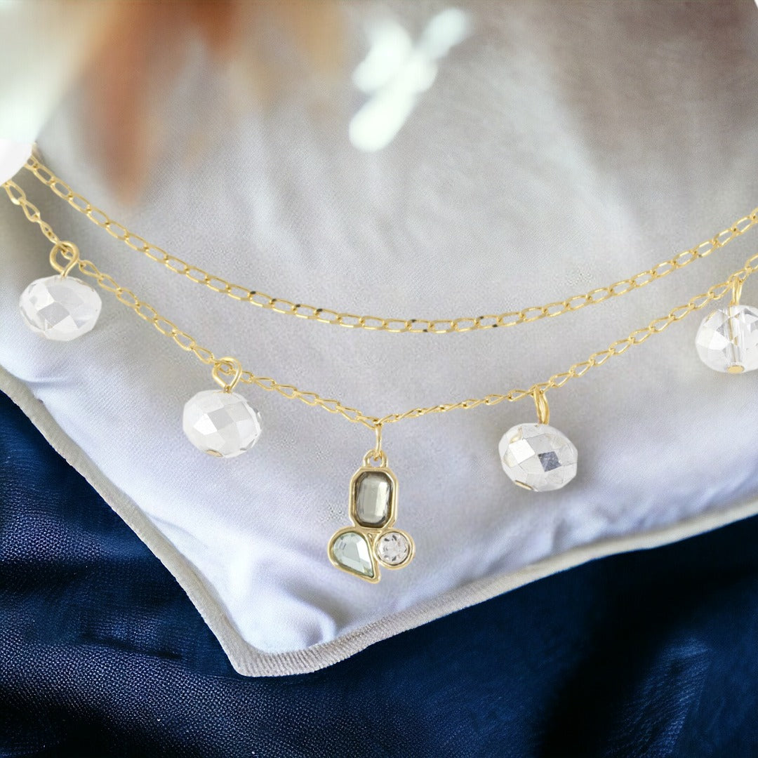 Pulsera Doble Mujer Piedras Plata Circonitas Hecha a Mano Baño Oro 24K