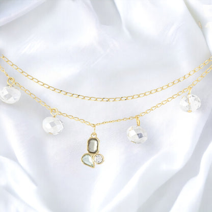 Pulsera Doble Mujer Piedras Plata Circonitas Hecha a Mano Baño Oro 24K
