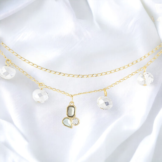 Pulsera Doble Mujer Piedras Plata Circonitas Hecha a Mano Baño Oro 24K