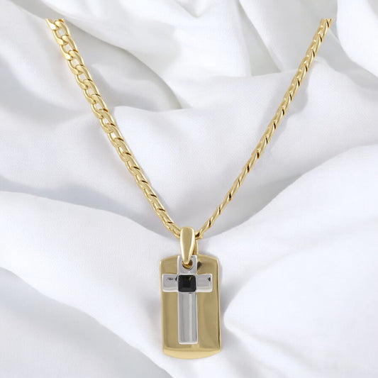 Tag Plate Cross Men's Necklace Gold & Black Plated 24K