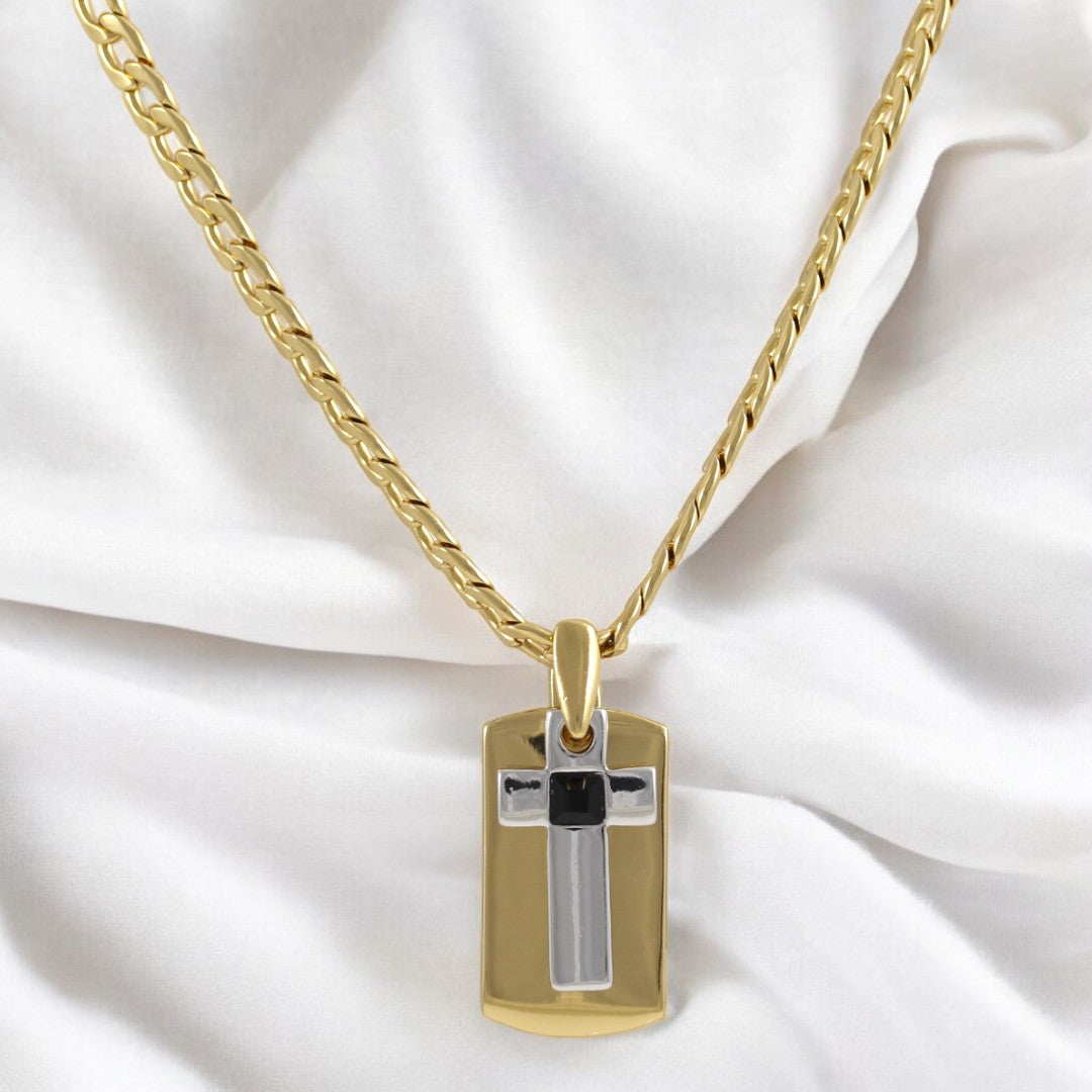 Tag Plate Cross Men's Necklace Gold & Black Plated 24K