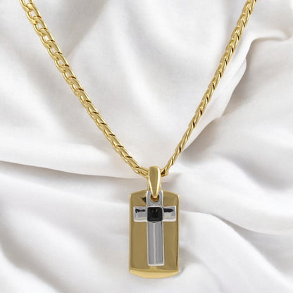 Tag Plate Cross Men's Necklace Gold & Black Plated 24K