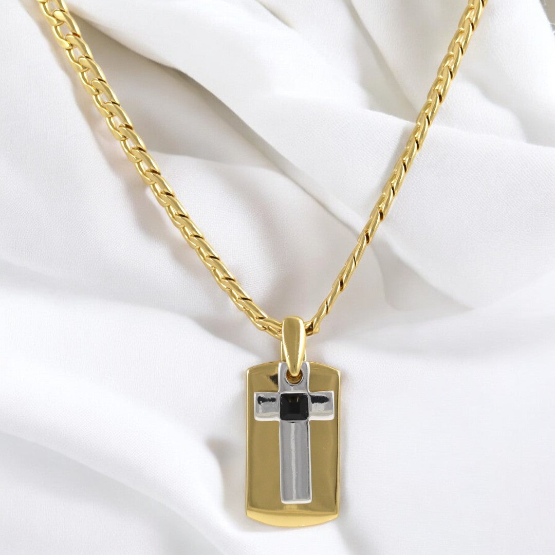 Tag Plate Cross Men's Necklace Gold & Black Plated 24K