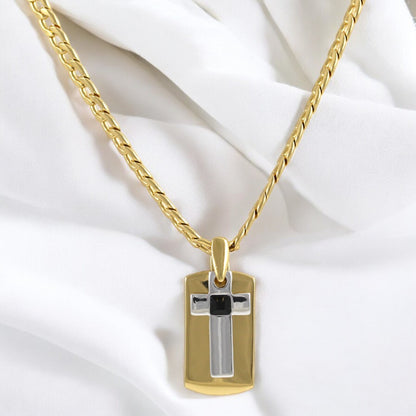 Tag Plate Cross Men's Necklace Gold & Black Plated 24K