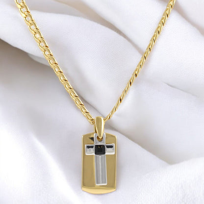 Tag Plate Cross Men's Necklace Gold & Black Plated 24K