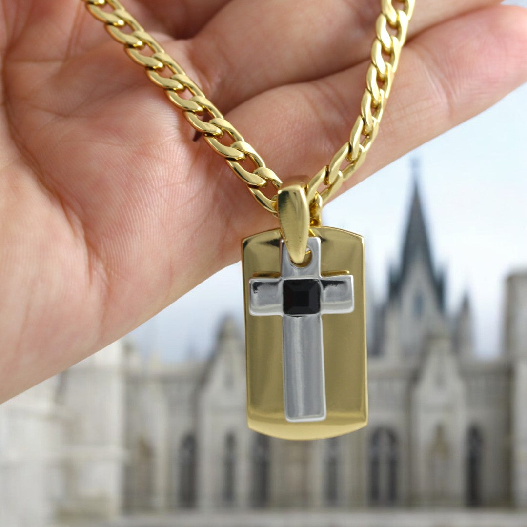Tag Plate Cross Men's Necklace Gold & Black Plated 24K